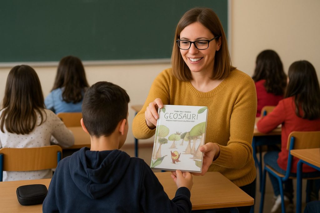 Maestra e bambino con diario Geosauri di Geovest